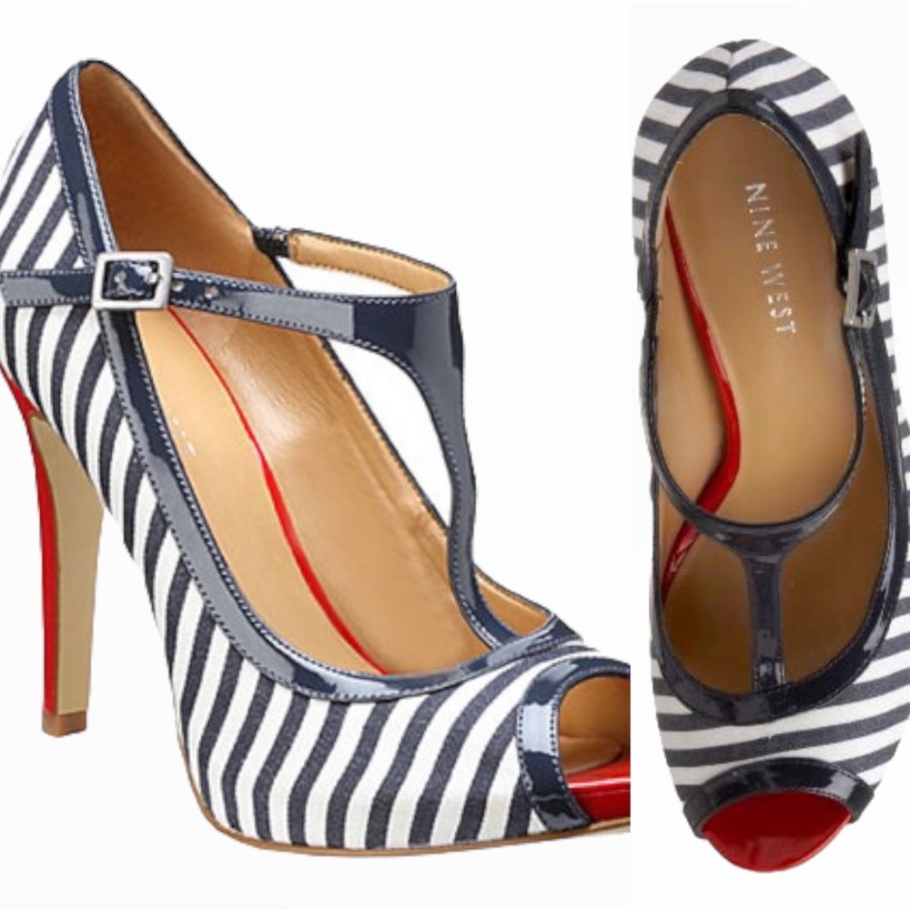 NINE WEST Eastbound Stripe Peep Toe T Bar Navy Blue Size 7